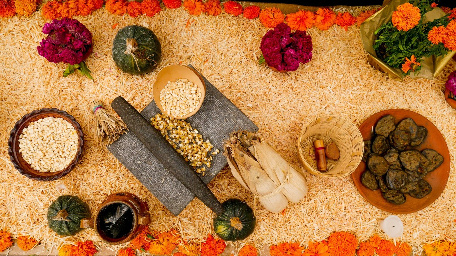 An overhead view of a variety of food items